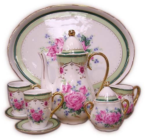 Pink Roses Miniature China Tea Set with Green Border
