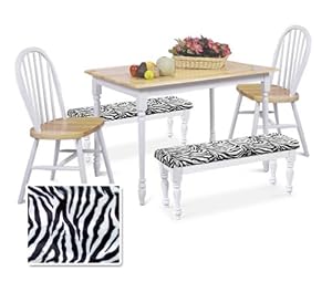 5 Piece Dining Set 2 Chairs Natural White Table Set With 2 Zebra Print Bench
