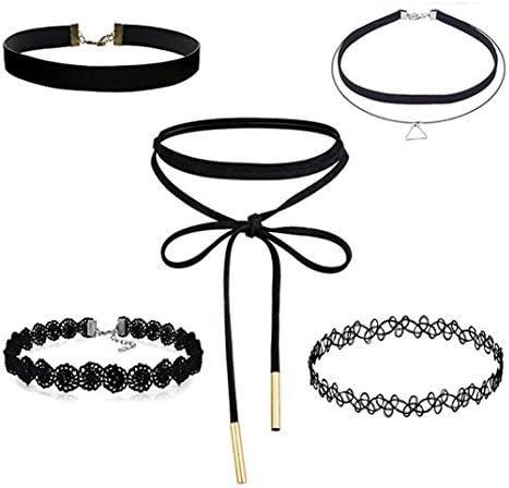 Juliu Women Lady Fashion 5 Pieces Choker Necklace Set Stretch Velvet Classic Gothic Tattoo Lace Choker Necklaces