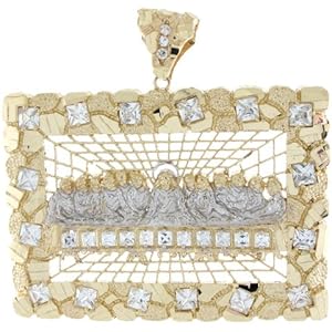 14k Two Toned Real Gold White CZ 8.2cm X 8.6cm Last Supper Religious Pendant