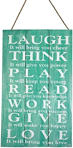 50cm x 30cm Aqua/Turquiose Sign with "Laugh, Think, Play" Inspirational Quote, Wooden Hanging