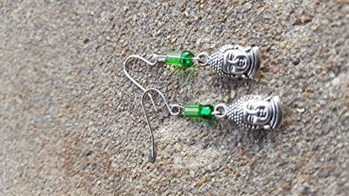 Buddha & Green Czechoslovakian Glass Bead Earrings - Czech - Siddhartha Gautama - Nameste - Simple Elegance