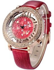 Lady Women Girl Red Leather Band Transparent Case Gold Case Crystal Quartz Watches WK1155