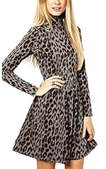 High-Neck Spring Winter Cotton/Polyester General Print Long Sleeves  Dress