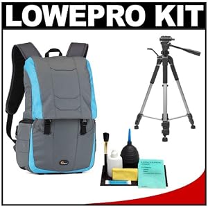 Lowepro Versapack 200 AW Digital SLR Camera Backpack Case (Gray/Polar Blue) + Tripod + Accessory Kit for Canon Rebel XSi, XS, T1i, T2i, EOS 50D, 5D, 7D, Nikon D3000, D5000, D40, D60, D90, D300, D300s, Olympus Evolt E-30, E-450, E-520, E-620, and Sony Alpha A230, A330, A380, A450, A500, A550, A850