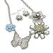 Pastel Blue and Green and Silver Crystal Studded Faux Pearl Epoxy Flower and Butterfly Necklace and Earrings Set Fashion Jewelry