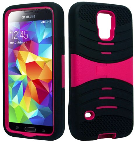 myLife (TM) Rose Pink and Deep Black - Shockproof Survivor Series (Built In Kickstand + Easy Grip Ridges) 2 Piece + 2 Layer Case for NEW Galaxy S5 (5G) Smartphone by Samsung (Internal Flex Silicone Bumper Gel + Internal 2 Piece Rubberized Fitted Armor Protector + Shock Absorbing Material)
