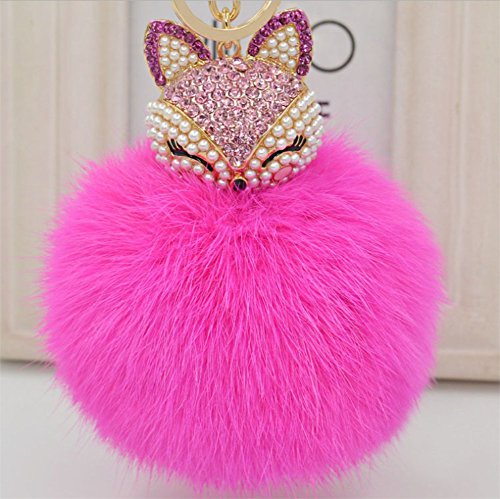 Generic Real Fox Fur Ball with Artificial Fox Head Inlay Pearl Rhinestone Key Chain for Womens Bag or Cellphone or Car Pendant