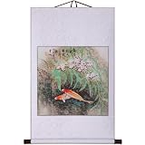 Hand-Painted 36" Oriental Wall Art Scroll - Two Fish & Cherry Blossoms With White Border