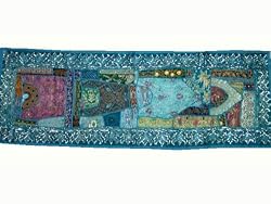 Patchwork Table Runner Blue Beaded Wall Decor Hanging Tapestry Throw