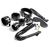 LEADO 7pcs Adult Leather Sex SM Fetish Furry Bed Bondage Restraints Set Slave Erotic Toy for Couples-Black
