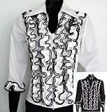 Samuel Dong Apparel 3/4 Ruffled Sleeve, White & Black Tuxedo Ruffled Zippered Front Woman's Fashion Top