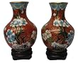 Set of 2 Chinese cloisonne copper body enameled vases, bases included, 3"H