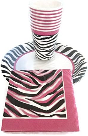 Girl's Hot Pink Zebra Print Birthday Party Pack Bundle - Five Items: One 8 Ct Pack of 9" Paper Plates, One 8 Ct. Pack of 9oz. Party Cups, One 8 Ct. Pack of Party Invitations with Envelopes, One 16 Ct. Pack of 2 Ply Napkins, One 12 Ct. Pack of Cupcake Cups with 12 Zebra Print Cupcake Toppers.