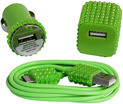 Candy Cables Android Green Rhinestone Cell Phone Wall + Car Charger Sync / Charging Set