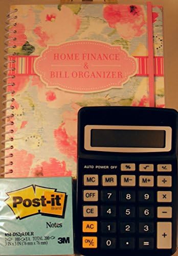 Bundle - Monthly Home Finance Bill Receipt Organizer Pastel Flowers Pattern, Calculator, Post-it Notes, Bundle