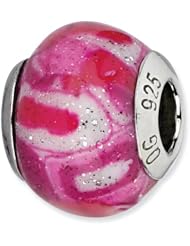 Sterling Silver s Hot Pink W/glitter Overlay Glass Bead by Reflection Beads, Best Quality Free Gift Box Satisfaction Guaranteed