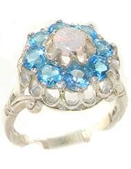 Solid 925 Sterling Silver Genuine Natural Blue Topaz & Opal Victorian Cluster Ring - Finger Sizes 4 to 12 Available