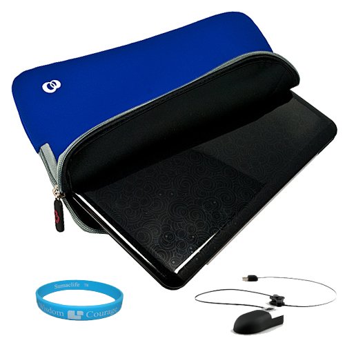 Magic Blue Neoprene Protective Sleeve Cover Carrying Case with Exterior Accessory Pocket for any 10.1 inch Laptop, Netbook, or Portable DVD Player + Naztech USB Mini Mouse with Retractable Cord for Laptop and Desktop + SumacLife TM Wisdom Courage Wristban
