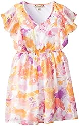 Girls A-line V-neck Flutter  Floral Print Polyester  Dress With Rhinestones