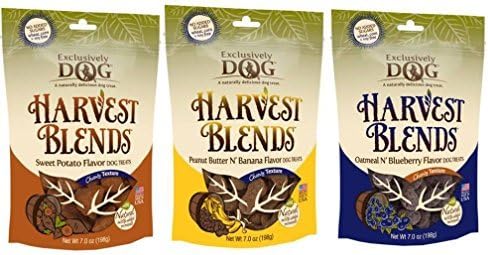 Exclusively Dog Harvest Blends Natural Wheat Free Chewy Dog Training Treats 3 Flavor Variety Bundle: (1) Sweet Potato Flavor, (1) Peanut Butter N' Banana, and (1) Oatmeal N' Blueberry, 7 Oz. Ea.