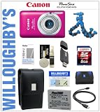 Canon PowerShot ELPH 100 HS 12.1 MP Digital Camera with 4x Wide Angle Optical IS Zoom (Pink) + Canon Deluxe Leather Case + Spare NB4L Battery + 8BG SDHC Memory Card + Sunpak Gripping Tripod and Much More! Willoughby's Est. 1898 Deluxe Point and Shoot Bundle
