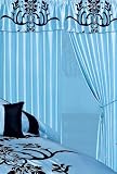 3-Layer Modern Blue Black Flock Satin Curtain Set with attached valances and sheer backing