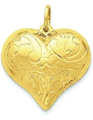 14K Gold Scrolled Puffed Heart Pendant Charm Jewelry