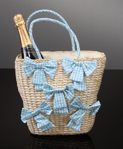 Trendy Strandtasche mit Schleifen, aus festem Bast in t&uuml;rkis