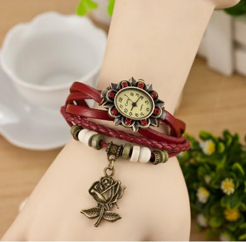 JADE Olines Fans Charms Accessories Hand-made Leather Wooden & Metal Beeds Band Rose Bracelet Wrist Quartz Watch(Red)
