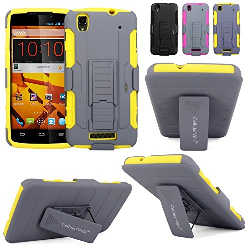 Cellularvilla Kickstand Case For ZTE Max N9520 (Boost Mobile) 3pc 3rd Gen Hard Soft Hybrid Kickstand Case with Holster Belt Clip Case Cover (Yellow Grey)
