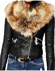 Apparel: Roseate Womens Winter PU Leather Jacket with Faux Fur Collar Brown XXL