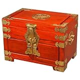 Handmade Wood Jewelry Box With Mirror & Brass Butterfly Handles - Chinese Symbol of Joy Design