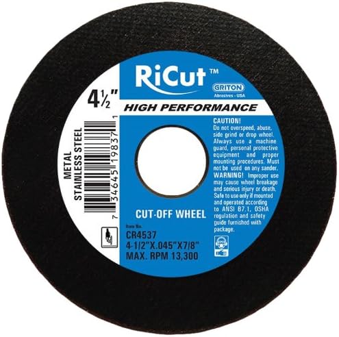 Griton CR4537 Arbor High Performance Industrial Cut Off Wheel for Metal, 7/8" Hole Diameter, 4.5" Diameter, 0.045" Width (Pack of 50)