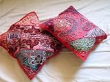 2 INDIA CRIMSON ANTIQUE TAPESTRY BEADED PILLOWS CUSHION