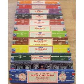 Satya Sai Baba / Nag Champa variety carton of mixed incense & - 12 x 15grm boxes of incense. 1 each of nag champa, celestial, midnight, patchouli forest, sandalwood, sunrise, romance, blessings, fortune, jasmine blossom and rain forest