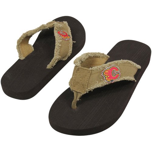 Calgary Flames Unisex Frayed Flip Flops - Khaki (Medium)