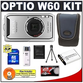 Pentax Optio W60 Waterproof Digital Camera (Silver) + Spare D-LI78 Battery + 8GB SDHC Card + Precision Design Accessory Kit