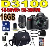 Nikon D3100 14.2MP Digital SLR Camera with 18-55mm f/3.5-5.6 AF-S DX VR Nikkor Zoom Lens +Nikon 55-300mm f/4.5-5.6G ED VR AF-S DX Nikkor Zoom Lens Accessory Saver 16GB Filters Bundle