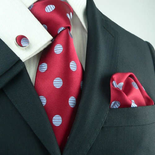 Landisun 690 Reds Blue Polka Dots Mens Silk Tie Set: Tie+Hanky+Cufflinks