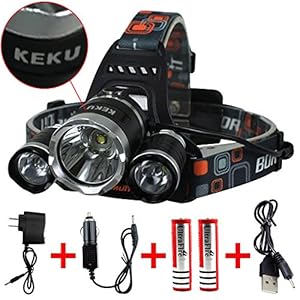 Keku LED High Power Headlamp Rechargeable Waterproof Head Flashlight Lamp with 3 Xm-l T6 4 Modes