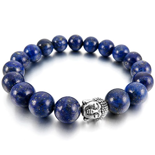 Men,Women's 10mm 12mm Alloy Bracelet Link Wrist Blue Silver Buddha Mala Energy Stone Gemstone Beads