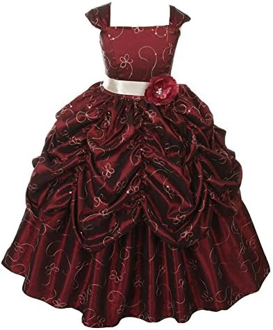 Little Girls Burgundy Embroidered Taffeta Flower Sash Pick-Up Pageant Dress 4