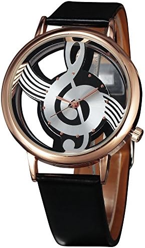 New Free Shipping, Unique Creative Women's Quartz Analog Hollow Musical Note Style Dial Pu Band Golden Wrist Watch, Fashion, ladies Watch Black