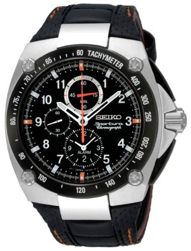 Mens Stainless Steel Seiko Sportura Alarm Chronograph Black Dial SNAD59
