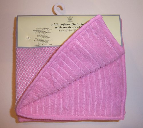 Sultan's Linens Set of 4 Pink Microfiber Dish Cloths with Mesh Scrubber