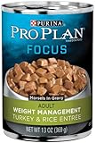 Purina Pro Plan Wet Dog Food, Focus, Adult Weight Management Turkey & Rice Entr&eacute;e Morsels in Gravy, 13-Ounce Can, Pack of 12