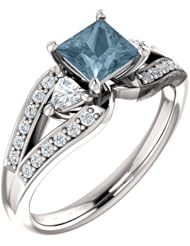 14K White Gold Princess Cut Blue and White Diamond Ring -- LIFETIME WARRANTY