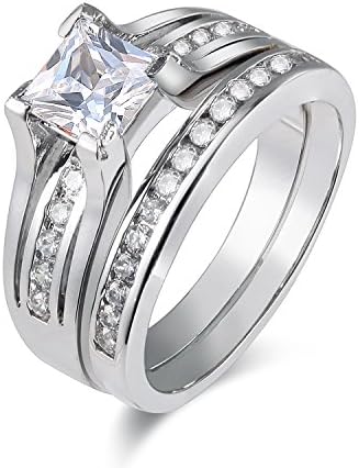 Newshe Jewellery 2.1CT Princess CZ White Gold Plated Wedding Band Engagement Ring Set Size 7