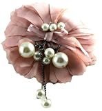 Designer Alex Carol Beautiful Large Pink/Peach Chiffon Flower with Ribbon and Faux Pearl Hair Clip/Broach